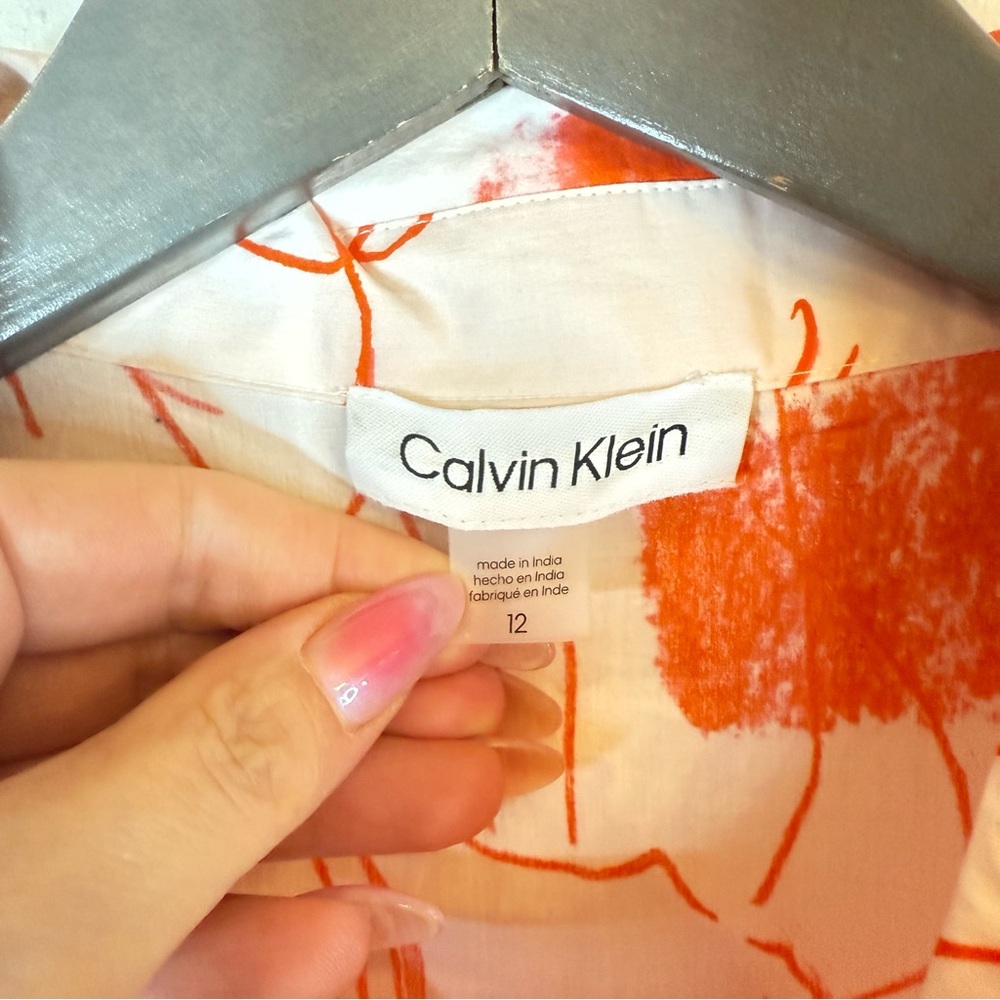 Calvin Klein Floral Print Ruffled Hem Belted White Orange Tulip Dress Sz 12 NWT - Picture 6 of 8